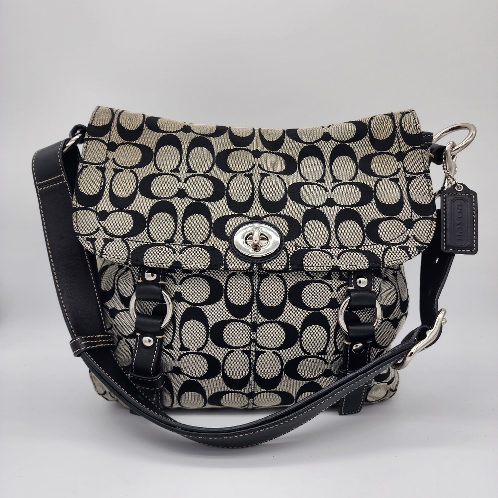 Coach Chelsea Signature Messenger Shoulder Bag Flap Turnlock Black Grey - Picture 14 of 14